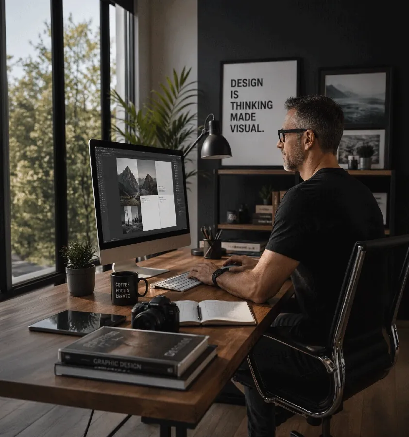 Olivier Lorcet, graphiste et directeur artistique de UNIQ STUDIO, au travail dans son studio à Aix-en-Provence